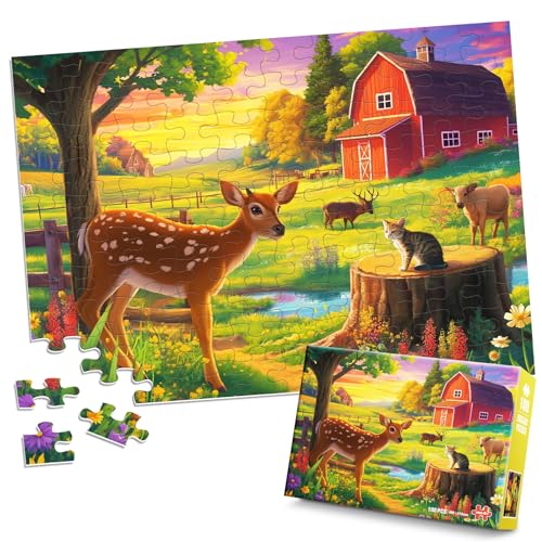 Rompecabezas de 100 Piezas para Niños - Tema Granja con Ciervo y Gato para Edades 4 a 8 miniatura 1