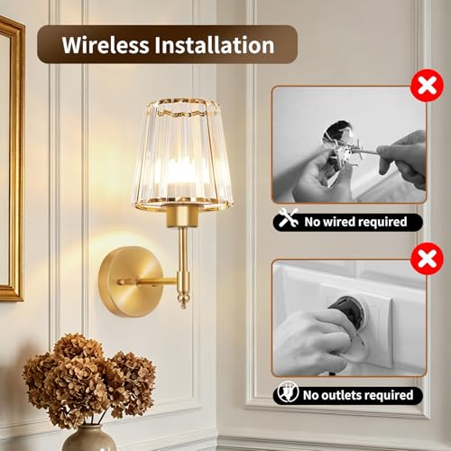 Image of Battery Operated Wall Sconce Set of 2, Rechargeable Wireless Wall Lights with 5200mAh Dimmable Bulbs and Remote,15 Colors Wireless Wall Lamps for Bedroom Living Room Hallway Decor-Clear Gold