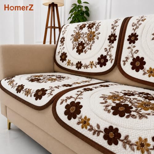 Image of Homerz Premium 'Surya Series' Sofa Cover | Stylish Sofa Protector | Net Fabric | Anti-Stain & Washable Slip Cover Exact Size Antislip (Daisy Brown, 5 (3+1+1) Seater, Seat Cover with Backrest)