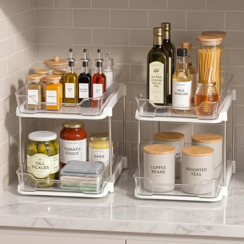 Image of Satpurush 2 Tier Kitchen Organizer Rack for Countertop, Space Saving Multipurpose Organiser with Transparent Trays for Spice Jars, Oil Bottles & Containers, Large + Compact, Clear
