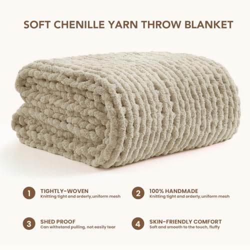 Image of L'AGRATY Chunky Knit Throw Blanket for Couch, 50 x 70 Inches, Light Linen