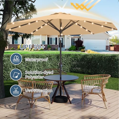 Image of 9FT Patio Umbrella with Solar Lights,Outdoor Market Umbrella with Tilt and Crank, LED Lighted Table Umbrella for Garden,Deck,Backyard,Pool,Beach (Khaki)