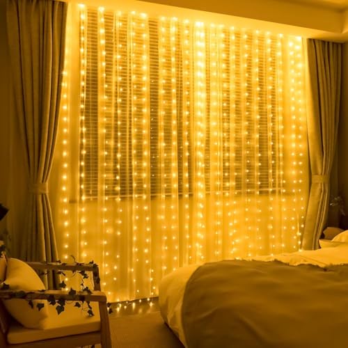 Image of MPROW Plastic Fairy Curtain String Lights for Wall Decoration, Warm White USB Powered 300 LED's, 8 Flashing Modes, Window Backdrop Strip Lights for Bedroom, Party, Diwali, Christmas - 3x3 Meter