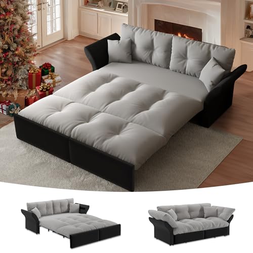 CAPCAEK 74.8' Queen Pull Out Sofa Bed, Luxury Velvet Convertible Sleeper Sofa, Comfy Cloud Pullout Futon Couch,Loveseat Recliner Sofabed for Living Room Office RV (Grey, 74.8'')