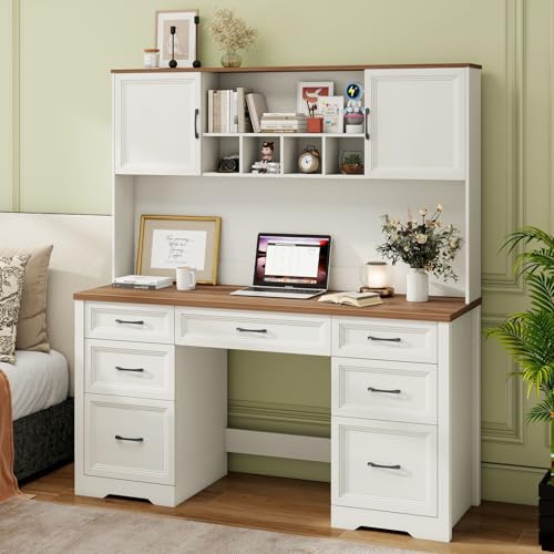 Image of Vabches Farmhouse Executive Desk with 7 Drawers and Storage Cabinet, Rustic Large Home Writing Desk with Hutch, Workstation for Bedroom, White