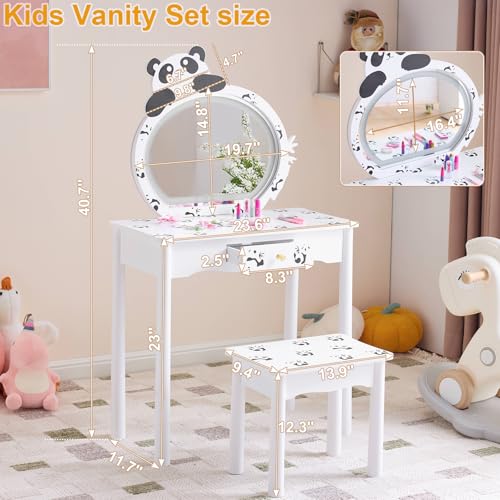 Image of Vanity Set,ShyneeMakeup Dressing Vanity Set Wooden Princess Makeup Table with Cushioned Stool,Drawer,Wooden Legs and Mirror, Make Up Dressing Play Set for Girls (Black and White Panda)