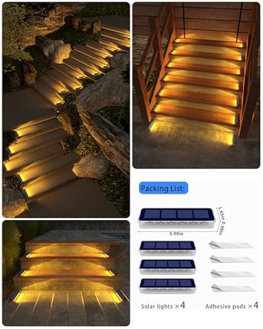Solar Step Lights for Outside,4 Pack Solar Stair Lights Outdoor Waterproof,Warm White Deck Light Solar Powered Waterproof for Steps,Stairs,Walkway,Sidewalk,Patio,Pathway