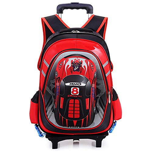 Bolso De La Carretilla Niños Mochila - 3D Car Muchachas Impresas Boys School Bolsa - Mochila Primaria De Rolling Mochila Infantil con 2/6 De Ruedas Y Telescópicas -Bolsas Mochilas Red-2 Rounds