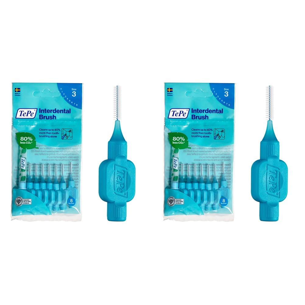 TePe Interdental Brush, Original, Blue, 0.6 mm/ISO 3, 8pcs, Plaque Removal, efficient Clean Between The Teeth, Tooth Floss, for Narrow Gaps (Pack of 2)