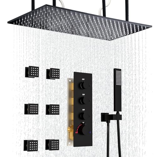 Enga sistema de ducha de lluvia grande con jets corporales, cabezal rectangular de 16x32 pulgadas con conjunto de mano, flujo ajustable, funciones simultáneas, acabado negro mate miniatura 1