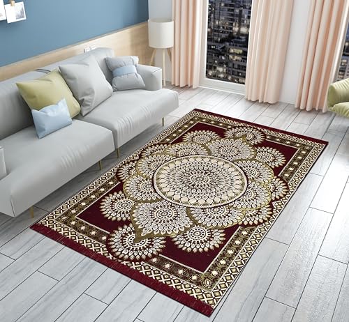 Image of Premium Cotton Carpet for Living Room 5 X 7 FEET | Carpet for Hall /Area Rugs /ChenilleCarpet /CottonCarpet /Carpet for Living Room /Kalin & Dari | Reactangular (Maroon)