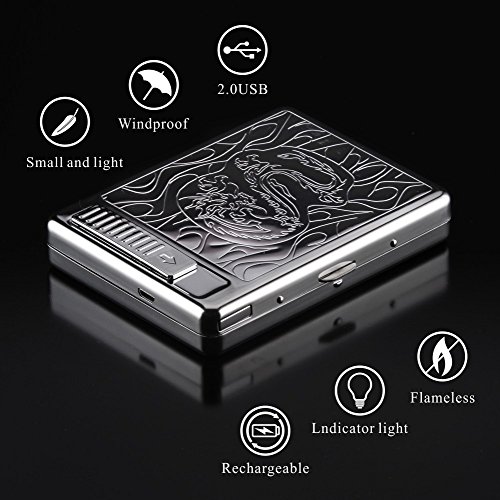 Cigarette Case with Lighter USB Lighter Cigarette Box 2 in 1 Electronic Rechargeable Flameless Windproof Lighters Hold 20pcs Regular Cigarettes (Silver Dragon)