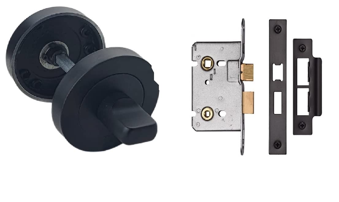 Golden Grace Black Toilet Door Thumb Twist In Matt Finish With 64Mm Mortise Lock Set, Bathroom Wc Loo Turn & Release Thumb Turn