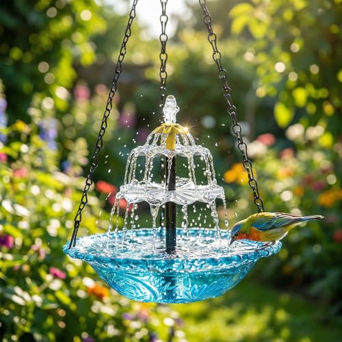 Solar Cascade Hanging Bird Bath Fountain Hanging Bird Bath with Flowing Water Bird Bath Fountain Decorative Garden Yard Patio for Outdoor (Blue)