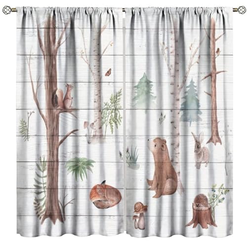 Cartoon Kids Animal Blackout Curtains, Forest Tree Lovely Bear Fox Bunny Plants Wooden Window Treatments for Children Boys Girls Living Room Bedroom 31.5(W)*63(L) 2 Panels