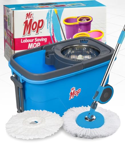Image of Mr.Mop 360 Degree Square Spin Bucket Mop for Floor Cleaning with Rod Stick and 2 Microfiber Refills | Magic Pocha Set (Blue (Steel Jali))