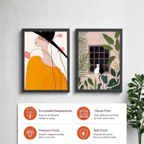 Image of PAINTINGMANTRA Girl with Hat Green Leaf Framed wall art Painting for Kids Room, cartoon Wall Art For living room, Office, Set of 2, 13x18 Inch