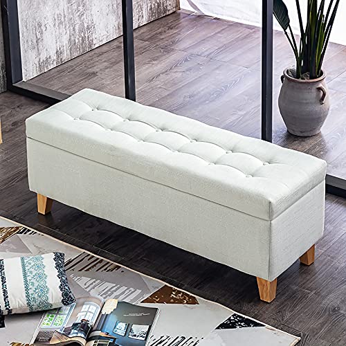Banc coffre de rangement en lin blanc bout de lit capitonné