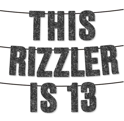 Image of Pre-Strung This Rizzler is 13 Black Glitter Banner, Funny Zoomer Gen Z Slang 13th Birthday Party Supplies,Ideas, Gifts and Decoration
