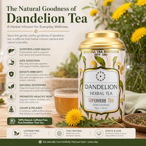 Image of Sancha Tea Boutique, Dandelion Tea, Superherb Herbal Tisane, Supports Fatty Liver Detox, Caffeine Free, 50 Loose Leaves (Pack of 2)