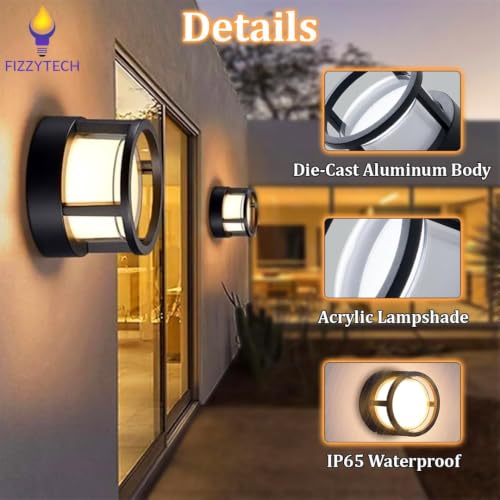 Image of fizzytech Round LED Wall Light, Modern Black Decorative Wall Lamp with Warm White Lighting for Living Room, Bedroom, Hallway & Home Decor, Pack of 2
