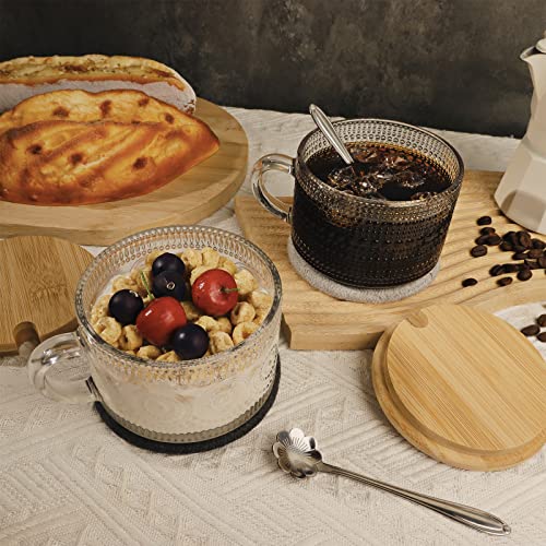 Driony Vintage Coffee Glass Mugs Set Of 4, Glass Coffee Tea Cups With Bamboo Lids, Coaster And Spoons,15Oz Clear Embossed Drinking Glass Cups,Tea Cups,Glass Coffee Cups For Cappuccino,Latte,Tea,Cereal #TOP5