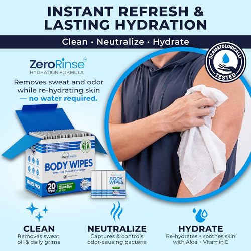 Image of XL Travel Body Wipes - No Rinse Bath Wipes for Adults, Extra Moist - 20 Ct | Individually Wrapped Disposable Washcloths, 3.6x Soak Stays Wet, 10x10 in, Aloe & Vitamin E, TSA Ready for Carry-On & Gym Bag