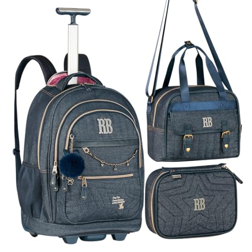 Kit Escolar Vintage Rebecca Bonbon, Mochila com Rodinha, Lancheira e Estojo, Jeans Azul, 3 Peças