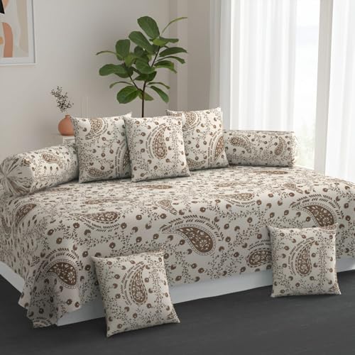 Image of Cotton Diwan Set Covers |8 Pieces Diwan Cover Set|300 TC Fabric| Pure Cotton Printed Deewan Set (1 Single Bedsheet, 2 Bolster Covers, 5 Cushion Covers)| (White Phulkari)