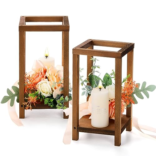 TOPZEA 2 Pack Wedding Lantern Centerpieces, Rustic Wood Decorative Candle Holder Wooden Country Barn, Wedding Table Decoration for Wedding, Farmhouse Home Fireplace Decor