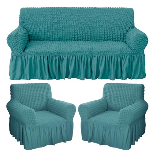 Image of House of Quirk Turkish Bubble Frill Five Seater 3 + 1 + 1 Sofa Slipcovers 280 GSM, Durable Washable Universal Triple Seater High Elastic Furniture Protector (Teal)
