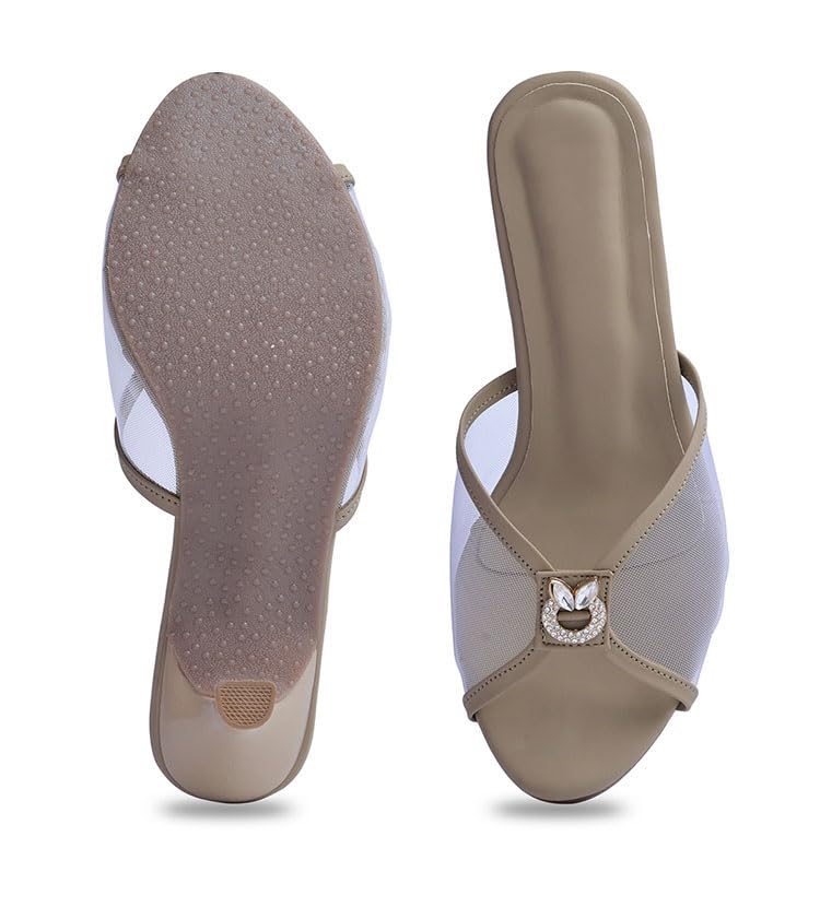 Image of Froh Feet Women's Kitten Heel Embllished Mash sandals 2 Inch Chunky Heels Mules Peep Open Toe Slip On Summer Sandal