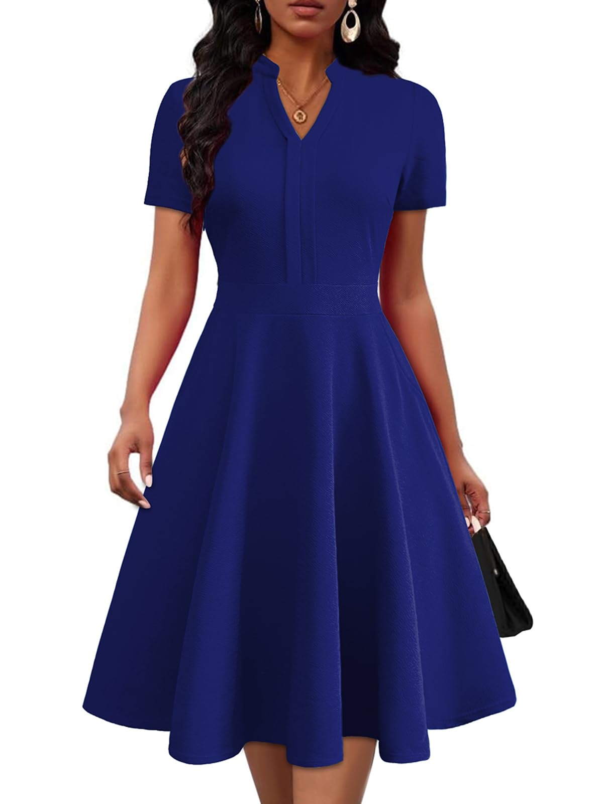 Mokayee Womens Summer Short Sleeve V Neck Fit and Flare Semi Formal Work Wedding Guest Dresses with Pockets