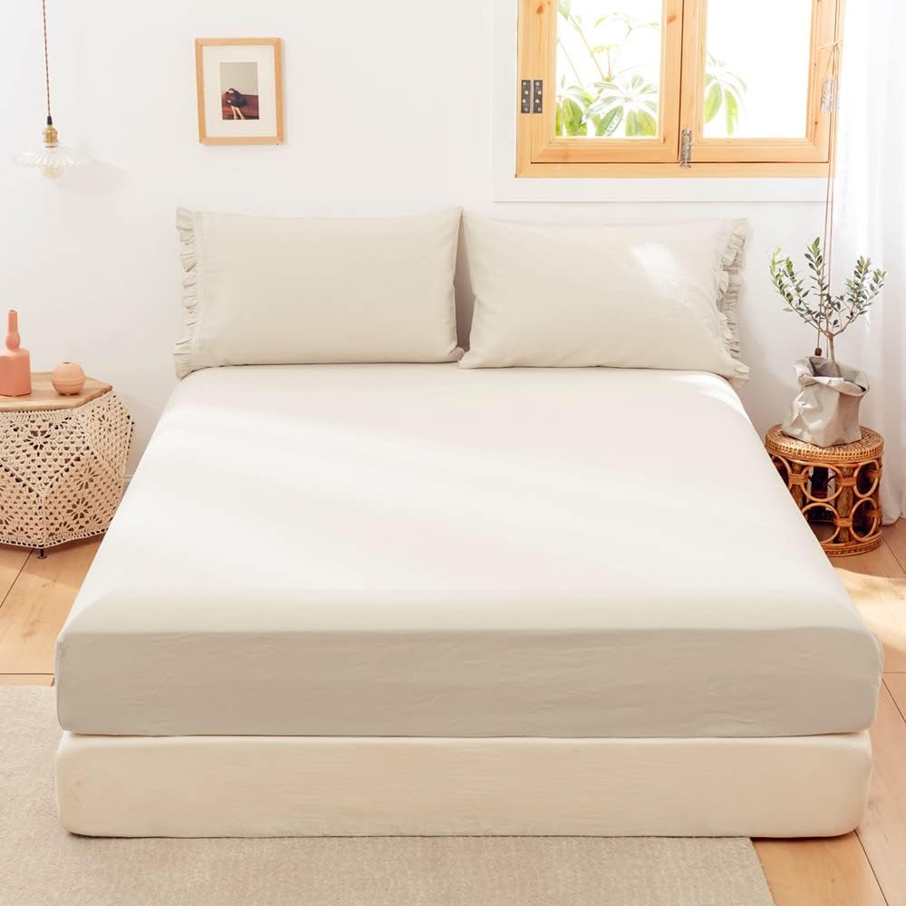 Simple&Opulence Linen Fitted Sheet (1 Piece) - 14 Inch Deep Pocket Mattress Cover Natural Flax Cotton Blended Soft Breathable Bedding - Linen, Full Size - Image 5