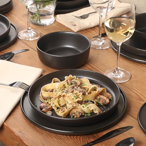 Image of Gibson Elite Bayou Moon Plates and Bowls Sets, 16-Piece Black Matte Stoneware Dinnerware Sets, Solid Color Reactive Glaze Dish Set