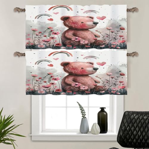 TOWINSFB 2 Pack Rainbow Bear Flower Window Valances, Rod Pocket Cute Cartoon Forest Animal Window Treatment Short Curtains for Kitchen/Bathroom/Living Room, 54