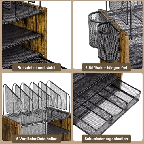 Whemyreat 4 Tier Mesh Desk Organiser Made of Wood and Metal, Black Paper Organiser - Image 4