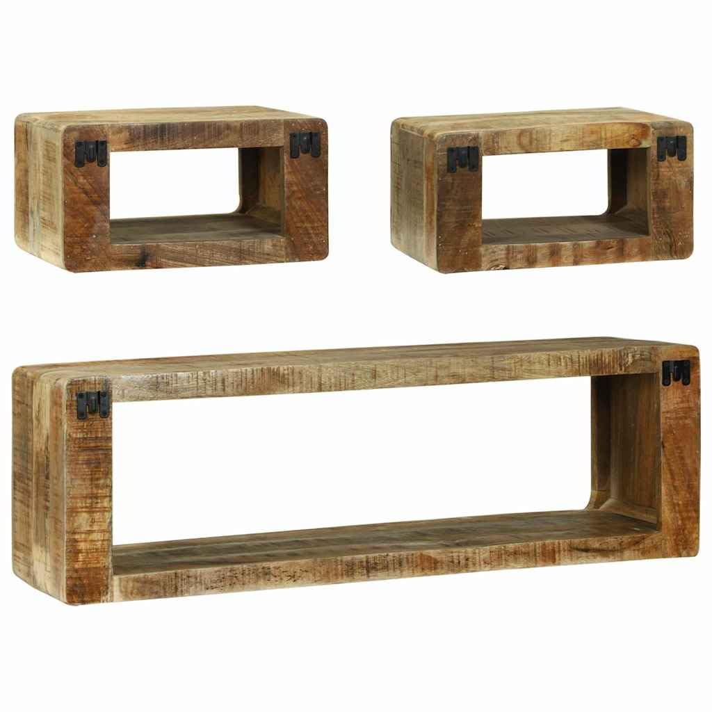 Set di mobili per TV con mensola, 3 pezzi, in legno massiccio di mango, con vano portaoggetti, rack HiFi e cassettiera per CD, DVD, per soggiorno, home theater, gaming, con cassetto, scomparto