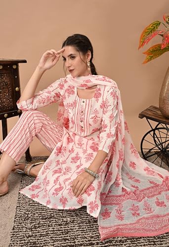 Image of Amazon Brand - Tavasya Women Cotton Anarkali Kurta Pant Dupatta Set | Printed Ethnic Suit Set | Flared Anarkali Kurta with Pant & Dupatta | Festive & Casual Wear