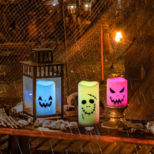Image of Halloween Decorations Flameless Candles with Remote Timer, Battery Operated LED 12 Color Changing Candles Flickering Set of 3, Waterproof LED Pillar Candles Plastic for Halloween Decor