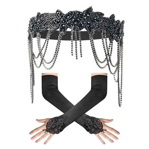 MoHern 1920s Accessories for Women Vintage Great Gatsby Accessories for Women with Flapper Headpiece and Elegant Long Gloves