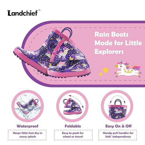 landchief Toddler Rain Boots, Kids Rain Boots Waterproof Rubber Boots for Girls and Boys with Fun Patterns and Easy-On Handles, Size 3, Starry Unicorn2
