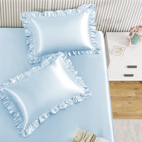Image of Homiest Baby Blue Full Ruffle Pillowcase & Satin Fitted Sheet Set 3Pcs | Silky Satin Protects Hair And Skin, 15-Inch Deep Pocket, Pearlescent Airy Serene Feel, Easy Machine Wash Care