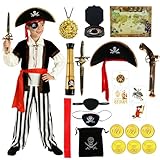 Kitimi Piratenkostum Kinder Jungen, 22 Stück Piraten Zubehör Piraten Hut Augenklappe Fernrohr Pirate Captain Accessories Kostüm Pirat Kinder Freibeuter Outfit für Karneval Halloween Cosplay Party