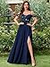 Miusol Women's Off Shoulder Elegant Sequined Split Spaghetti Straps Wedding Maxi Dress (X-Large, Navy Blue)