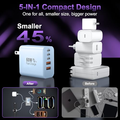 Image of USB C Fast Wall Charger Block, 2Pack 60W USBC Charging Cubes, 5-Port PD+QC Power Adapter Multiport Brick Type C Box Plug for Phone 17 /16 /15 /14 /13 /12 /11 /Pro Max /Plus, Pad Mini /Pro /S25 /S24-Blue