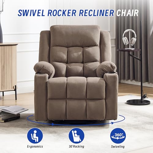Image of Swivel Recliner Chair for Adults with Massage and Heating,Manual Glider Rocking Recliner Chair with Cup Holds and Pockets,Reclining Rocker Chairs for Living Room Bedroom R8811 (Coffee)