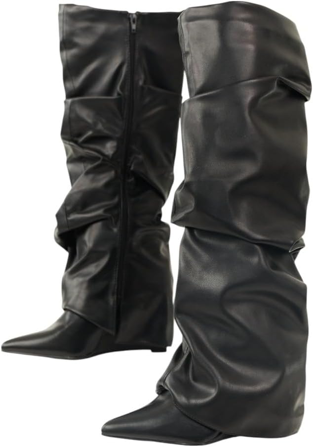 Women's Fold Over Wedge Heel Boots Slouchy Knee High Boots