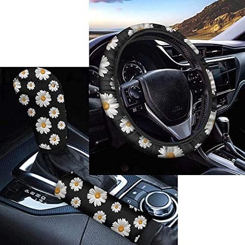 Woisttop Auto Shift Cover/Handbrake Cover/Steering Wheel Cover Full Set of 3, Flower Daisy Printed Universal Case Sleeve Hand Protector Automotive Seat Accessories Cover