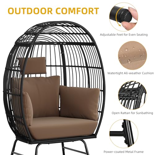 DWVO Outdoor Egg Chair with 2-in-1 Footrest, Patio Wicker Basket Chair with Ottoman, Indoor Egg Chairs with Cushion, Boho Cocoon Chair for Outside, Bedroom, Brown